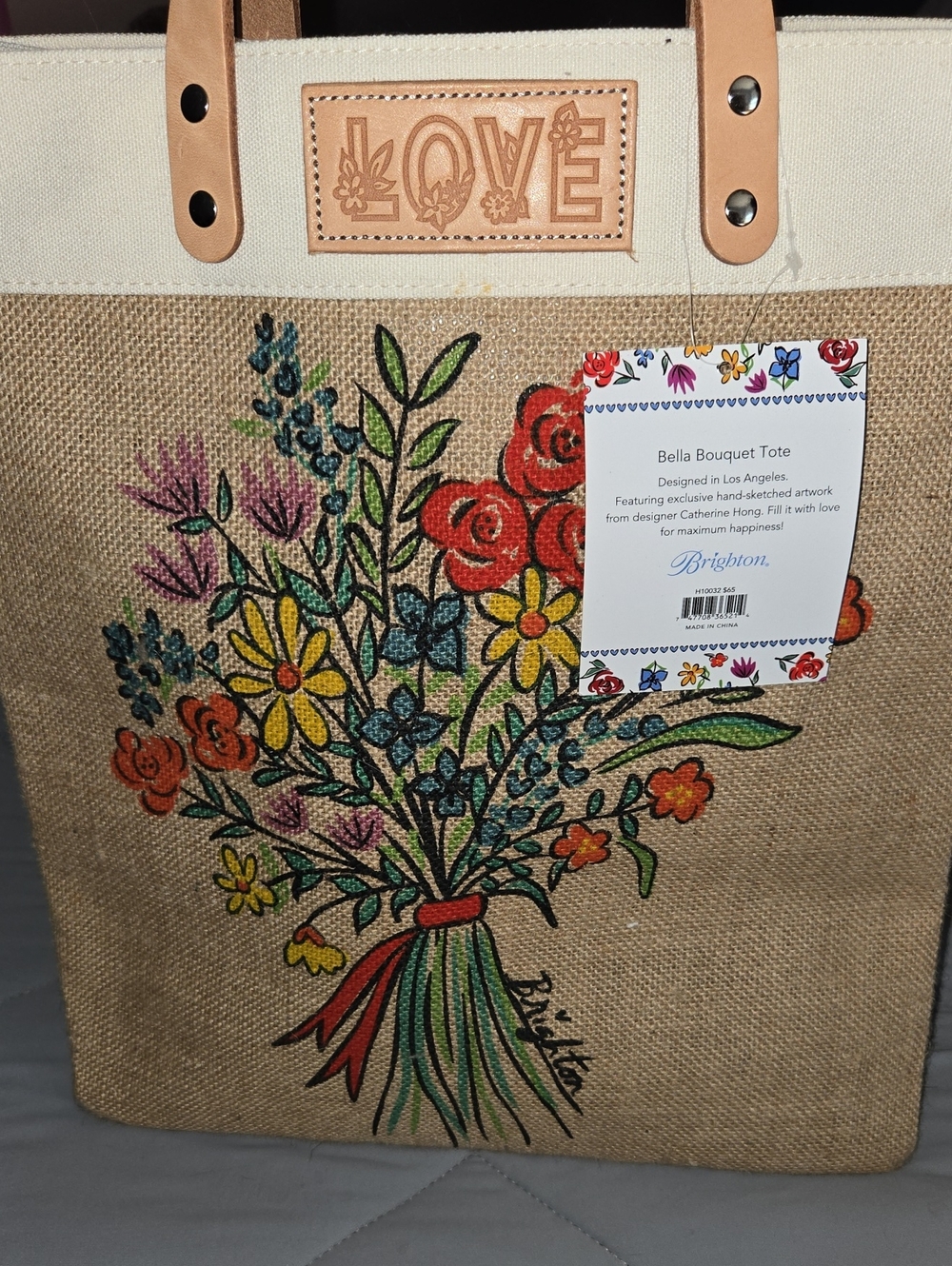 Brighton Natural Burlap Tote with Multicolor Floral Bouquet